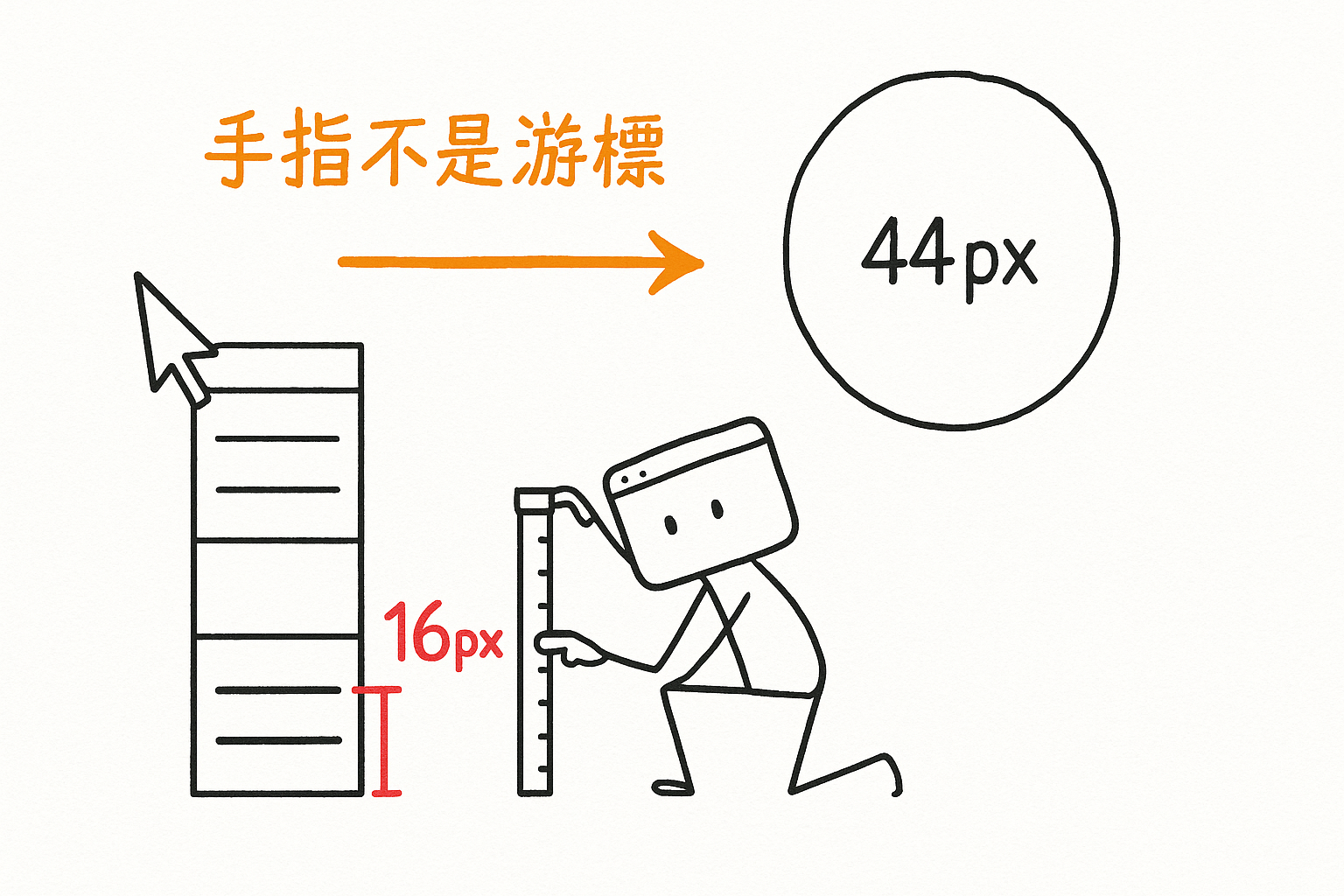 我蹲著拿尺量那排 16px 高的導覽連結,旁邊滑鼠游標只點中一個,而一根手指的接觸面積一次蓋掉三個