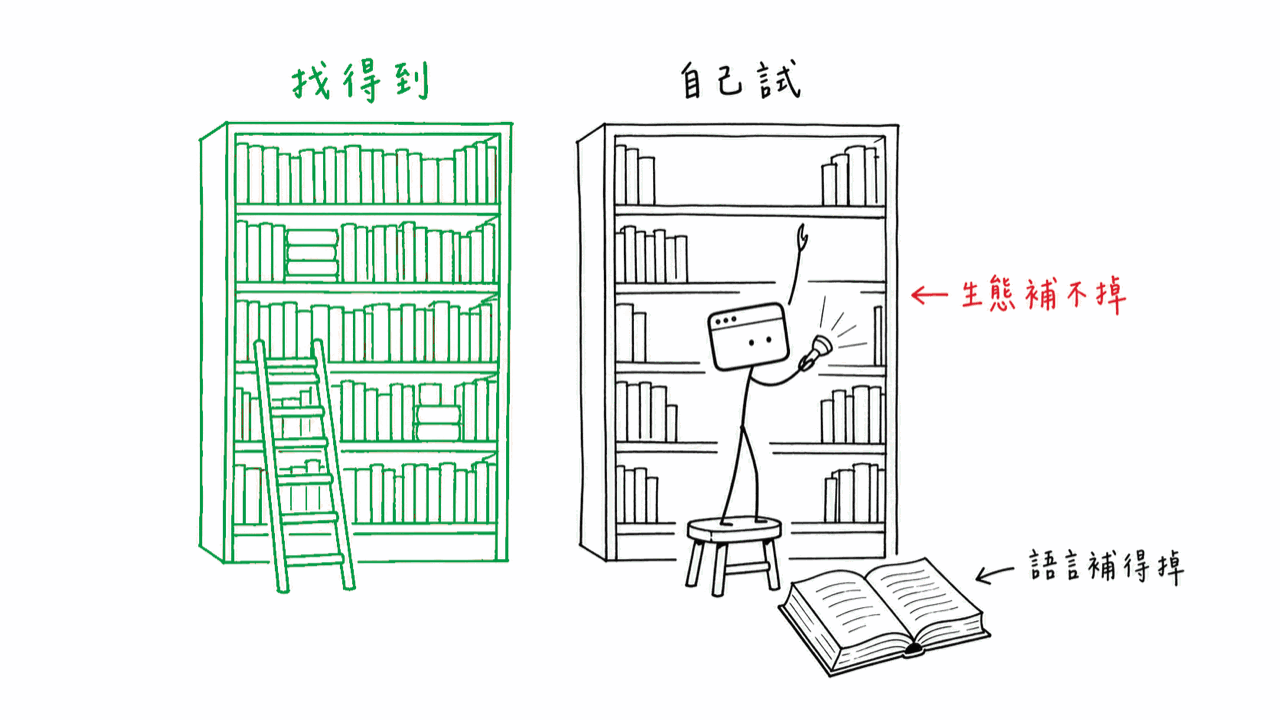 左邊的書櫃塞滿了書，右邊的書櫃到處是空格，我踩著矮凳拿手電筒往空格裡照；腳邊那本 Dart 書已經攤開，卻幫不上忙
