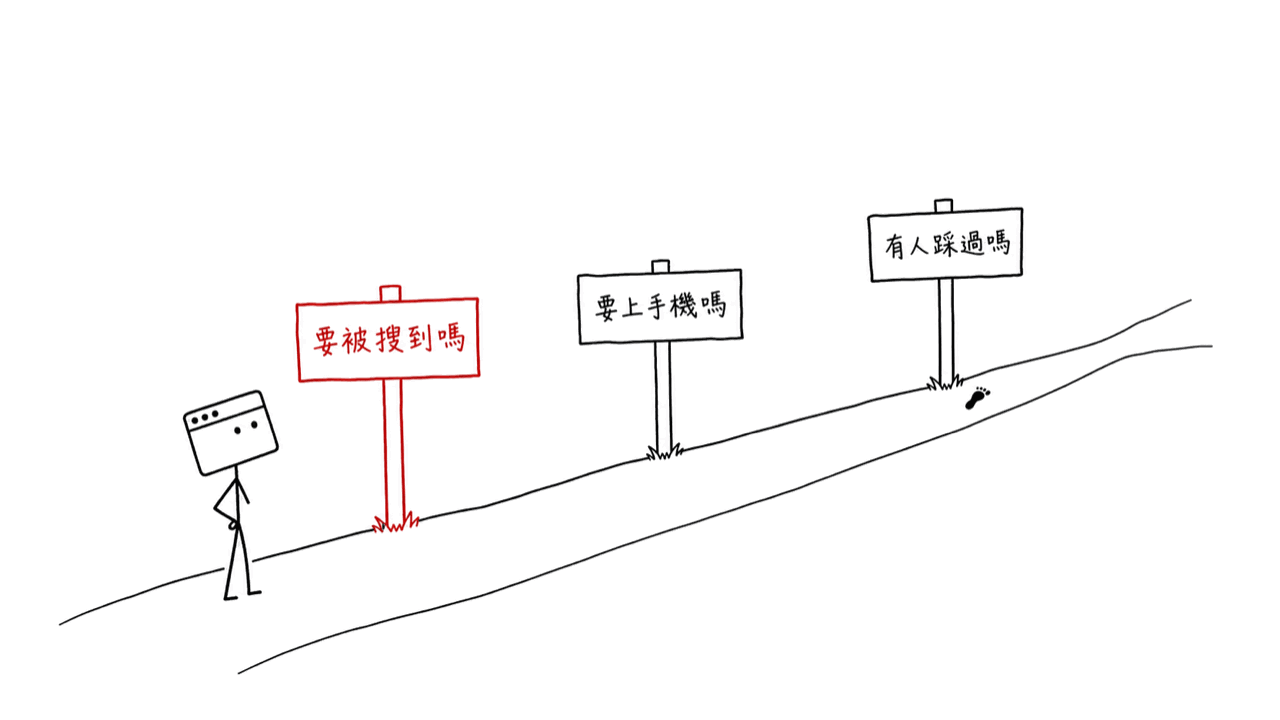 路上三根號誌桿依序排開，我停在第一根紅色的前面抬頭看；第三根桿子底下有一個別人留下的舊腳印
