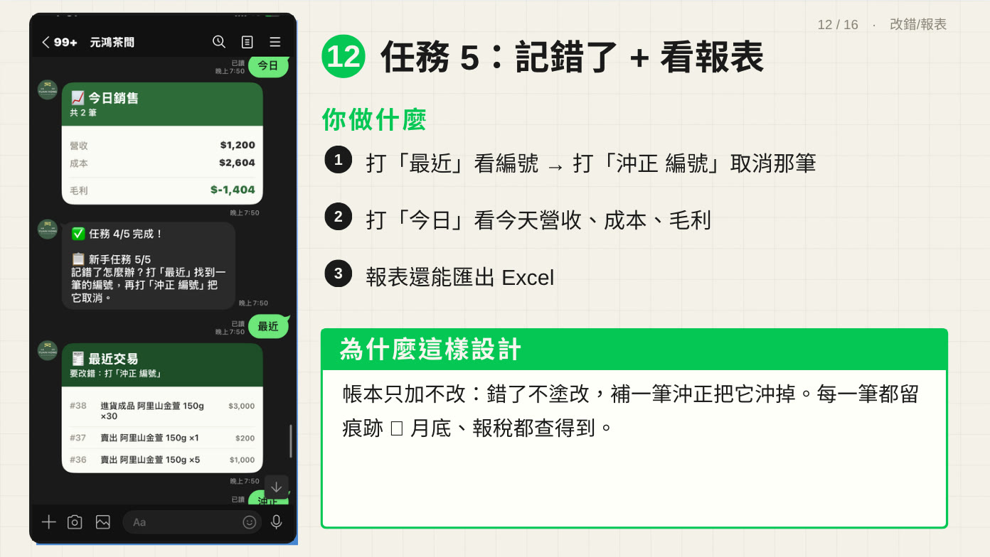 投影片：任務 5 記錯了＋看報表，帳本只加不改，補一筆沖正