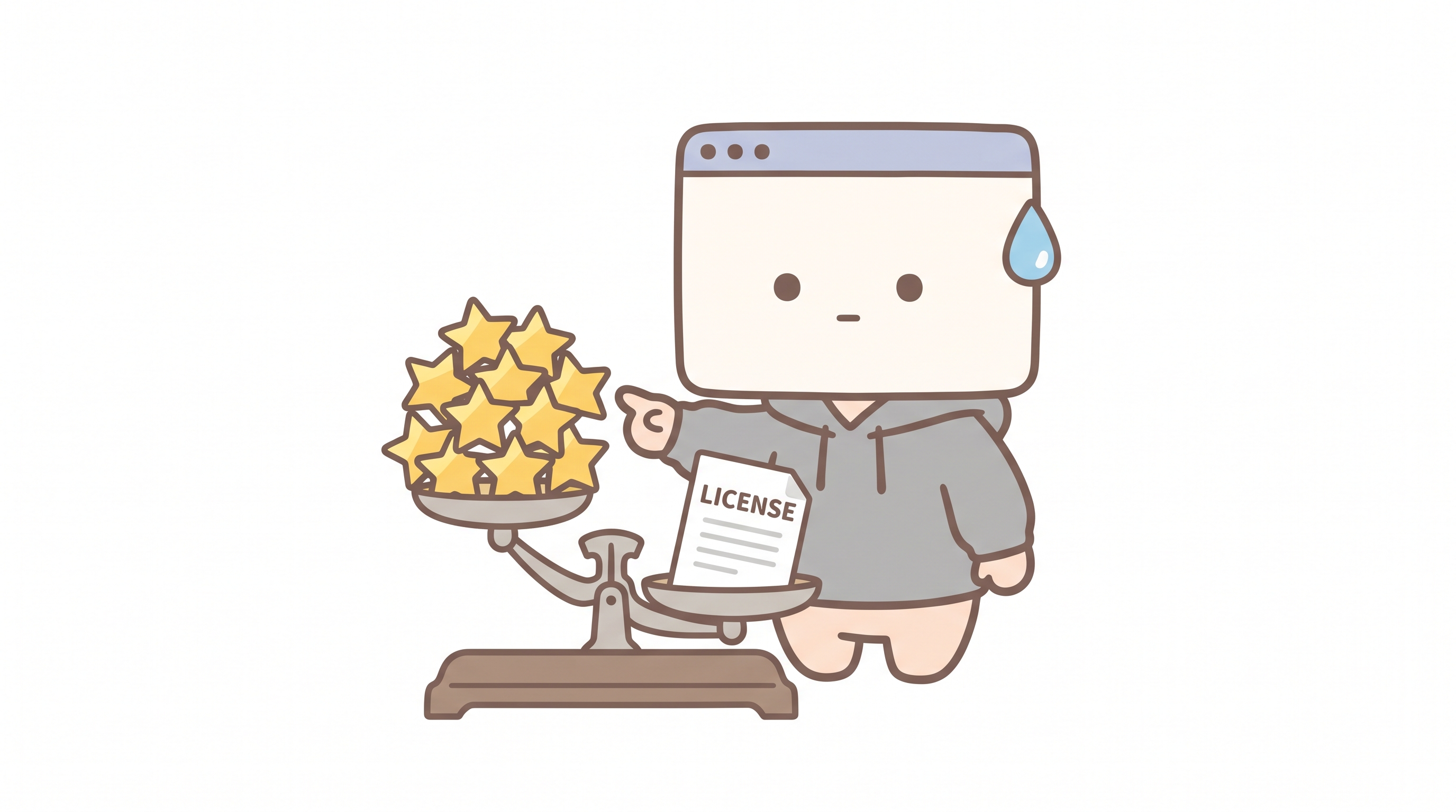 Me sweating next to a balance scale: a whole pan of stars floats up on the left, while a single LICENSE sheet on the right sinks the pan to the bottom