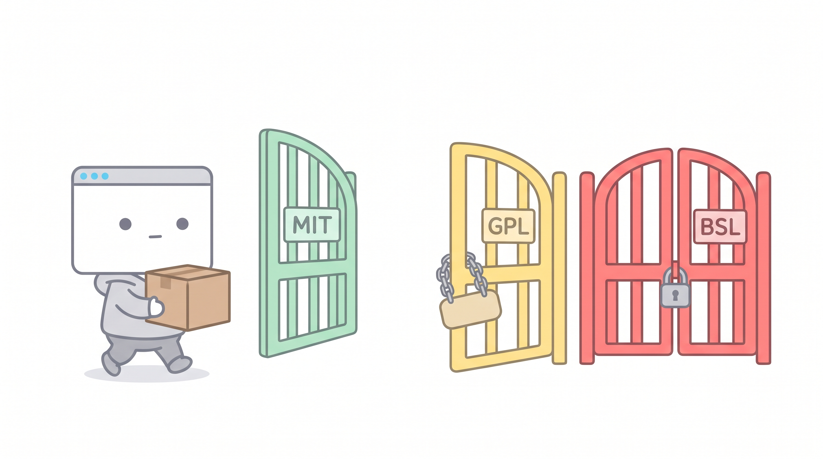 Me carrying a box of code toward three gates: the green MIT gate wide open, the yellow GPL gate half-open with a conditions sign, the red BSL gate locked