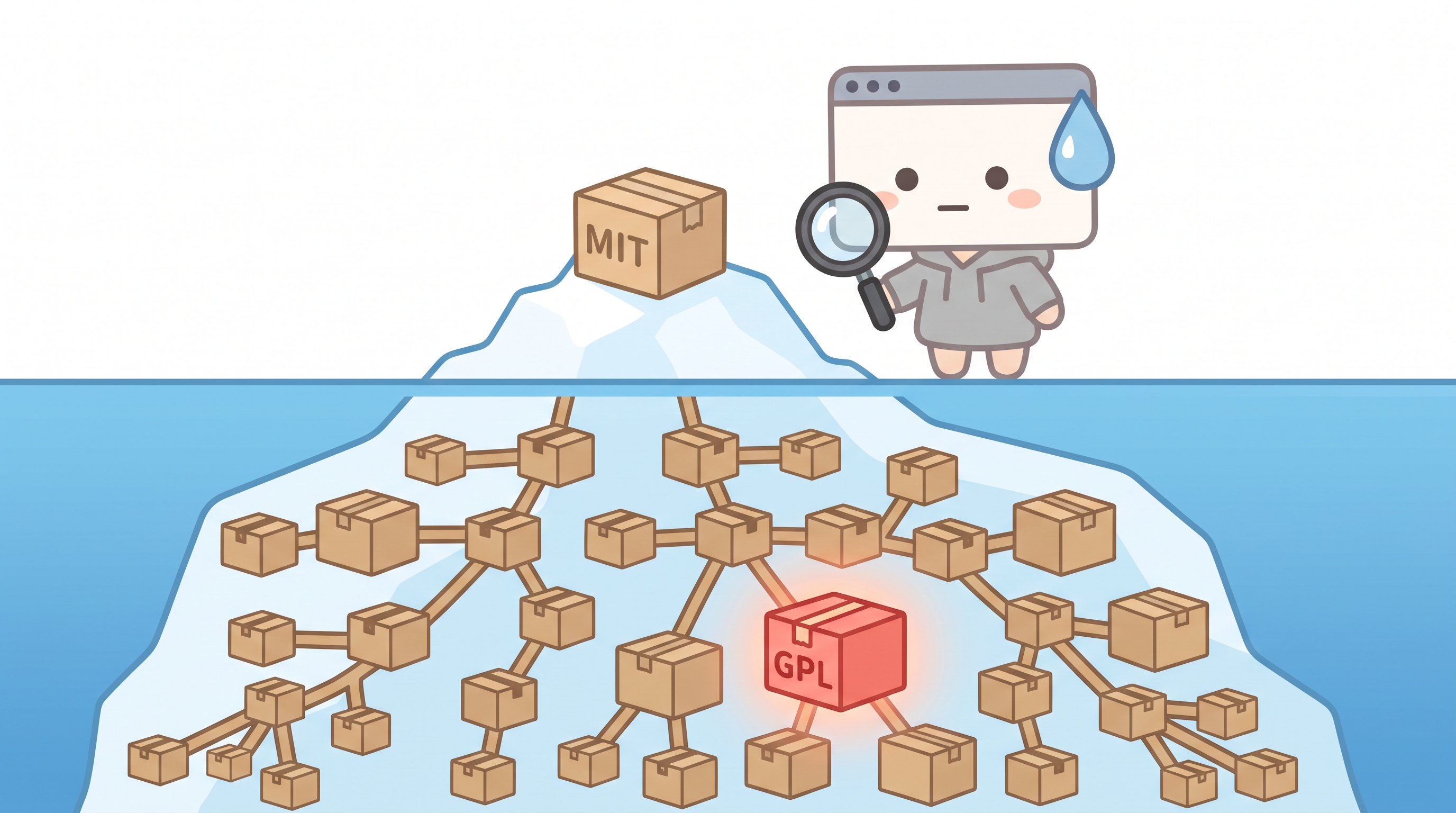 Me standing on the tip of an iceberg with a magnifying glass; one small MIT box on top, an entire dependency tree below the waterline with a red GPL box glowing in the middle