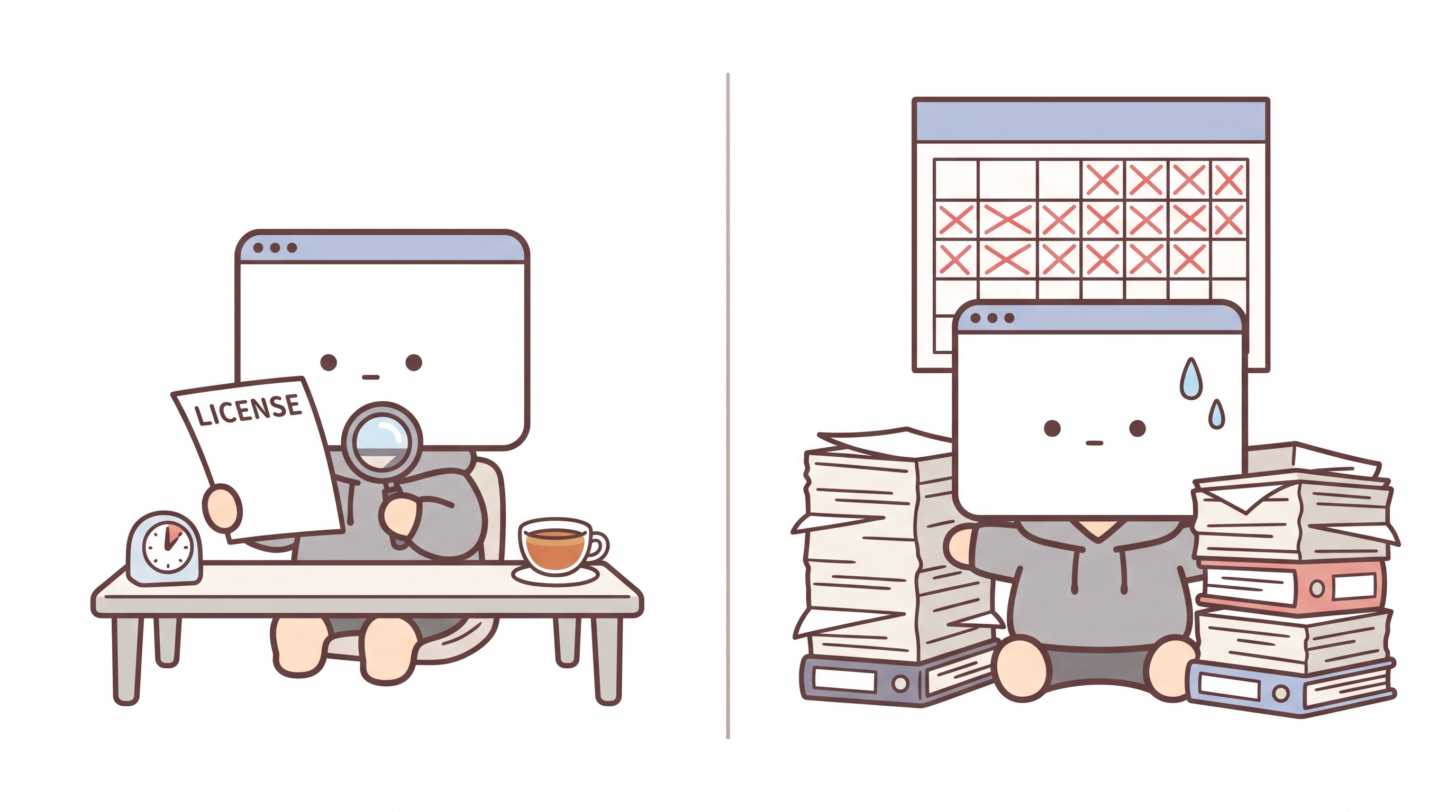 Left: me with a cup of tea and a magnifying glass over the LICENSE, timer set to ten minutes. Right: me buried in legal paperwork up to my head, three months crossed off the calendar