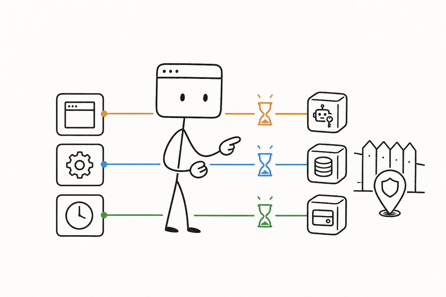 窗仔站在中間，把 web、worker 和排程三個服務分別接到各自的 API、資料庫和付款 vault，中間有沙漏代表短期憑證