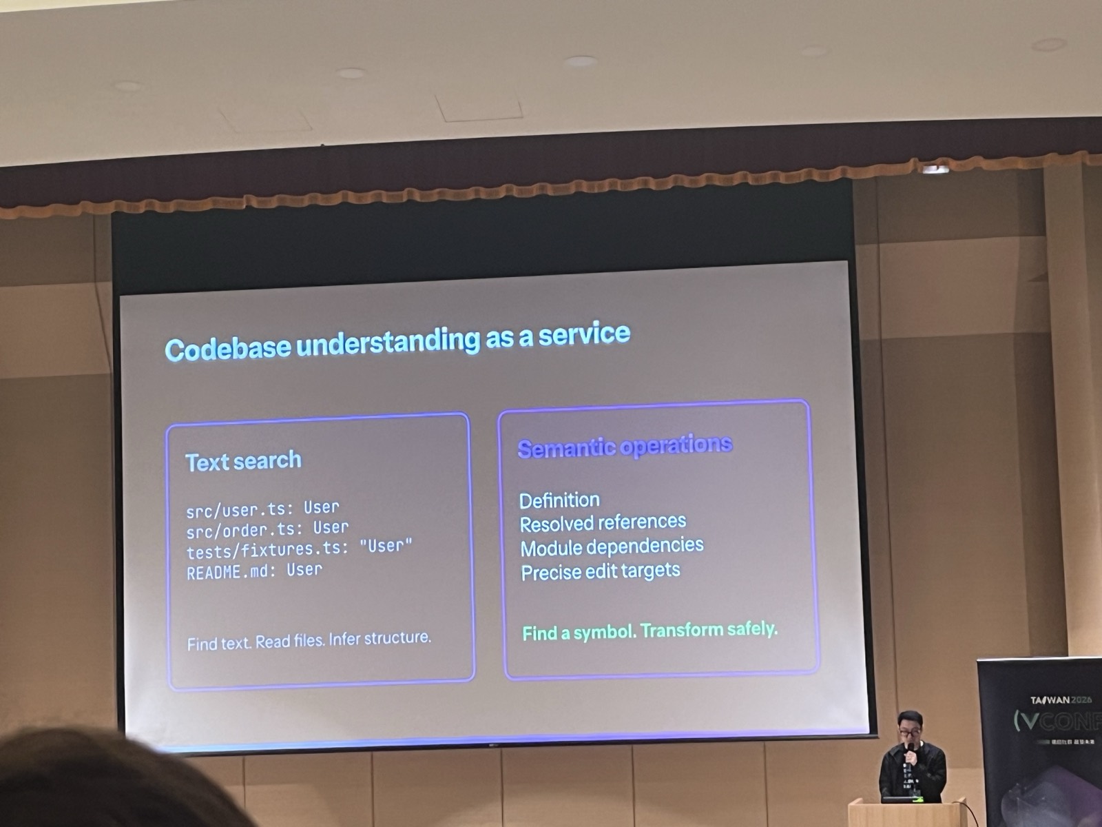 投影片：Codebase understanding as a service。左邊 Text search 列出四個都含 User 字串的檔案；右邊 Semantic operations 列出 Definition、Resolved references、Module dependencies、Precise edit targets
