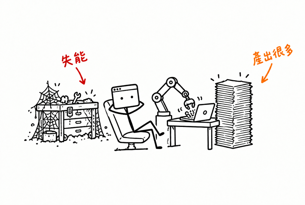 窗仔翹腳坐在椅子上，機械手臂幫他打字吐出一大疊紙，後面他自己的工具箱已經結滿蜘蛛網