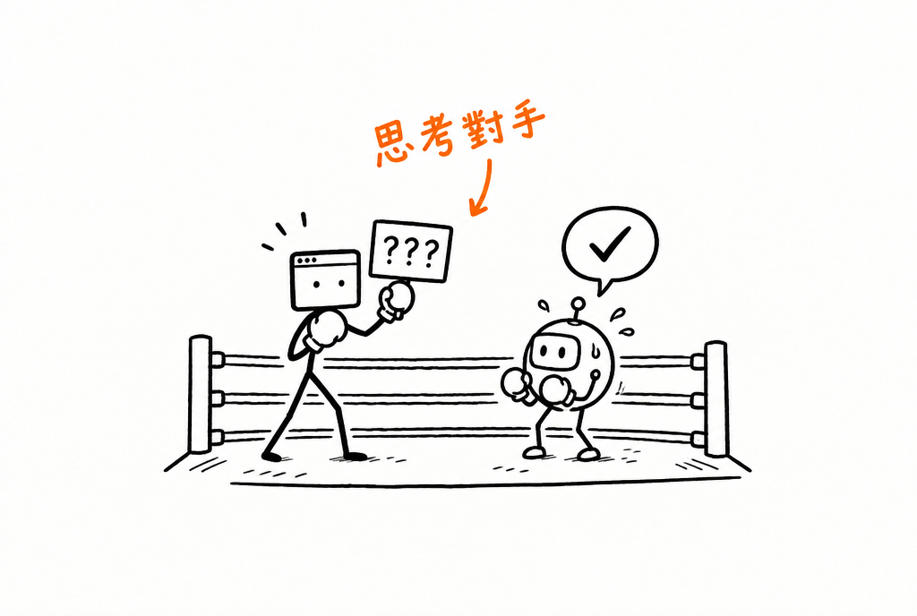 窗仔戴著拳擊手套，舉著寫了三個問號的牌子，對面的小機器人拿著答案泡泡在冒汗