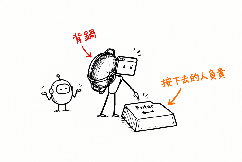 窗仔背著一口大炒鍋，一隻手指停在巨大的 Enter 鍵上方，表情嚴肅，後面的小機器人兩手一攤