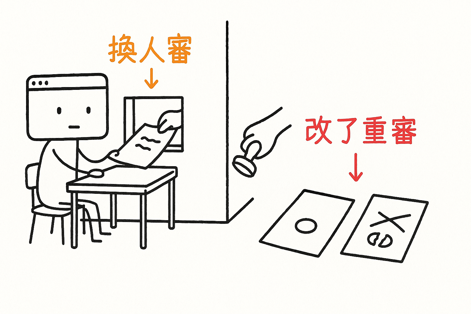 我把寫好的計畫從牆上的小窗口遞過去給別人蓋章；改過一個字的那張，章就斷成兩半