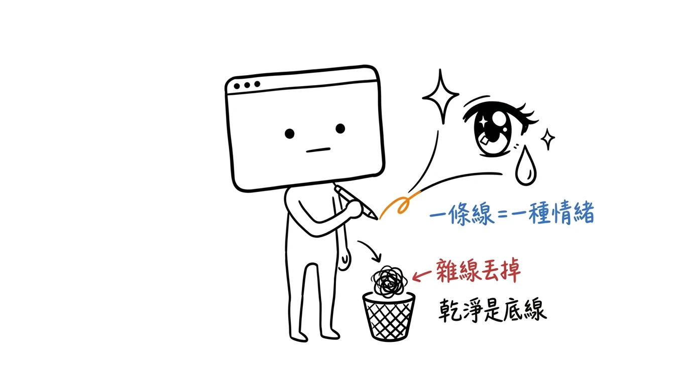 窗仔用一支筆畫出一條乾淨的線，線的末端迸出閃亮的動畫眼與淚珠，雜亂的線被揉成團丟進紙簍