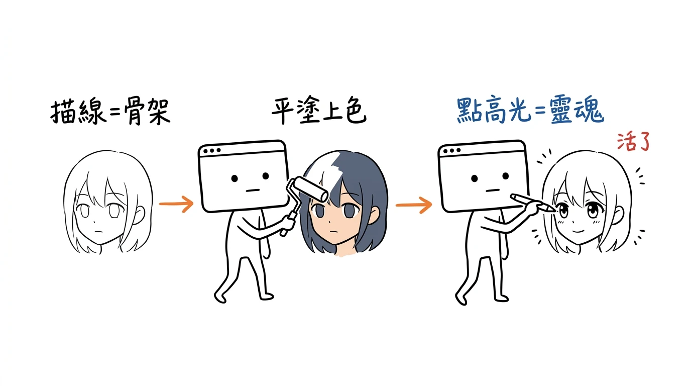 窗仔在小產線上組裝動畫角色：先描線做骨架，再平塗上色，最後點一顆眼睛高光，角色就活了過來